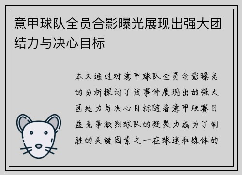 意甲球队全员合影曝光展现出强大团结力与决心目标