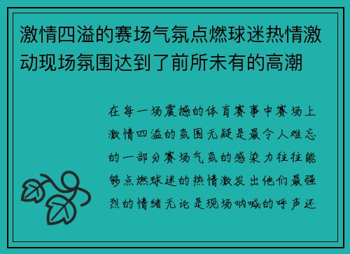 激情四溢的赛场气氛点燃球迷热情激动现场氛围达到了前所未有的高潮