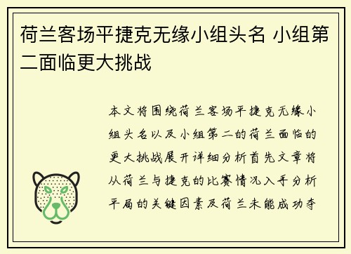 荷兰客场平捷克无缘小组头名 小组第二面临更大挑战