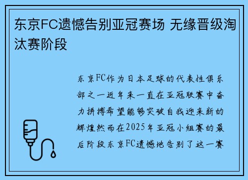 东京FC遗憾告别亚冠赛场 无缘晋级淘汰赛阶段